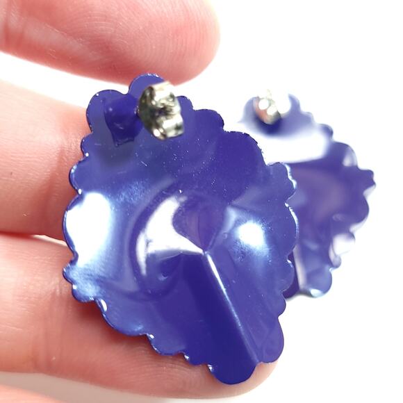 Vintage Purple Metal Floral Shaped Earrings with Glossy Finish, Bold Design - Picture 1 of 10